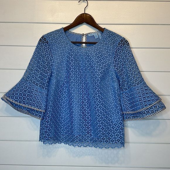 Draper James Size 4 Top Lattice Double Bell Sleeve Blue White Lace Sheer Easter - Picture 2 of 12